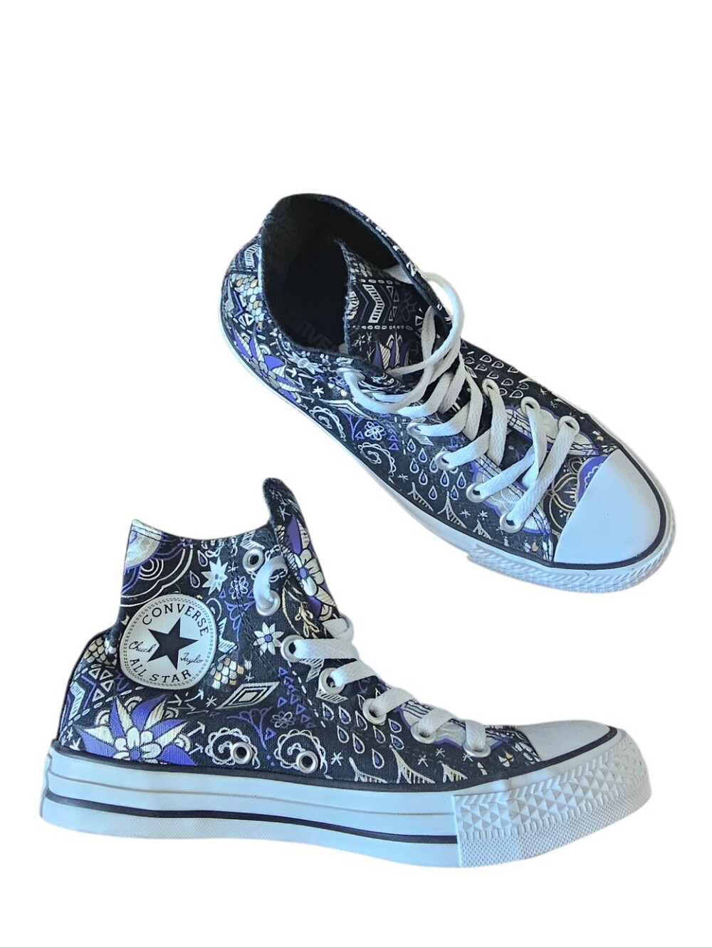 Converse Chuck Taylor High Top Sneakers - Black & Purple Floral Print Size 7